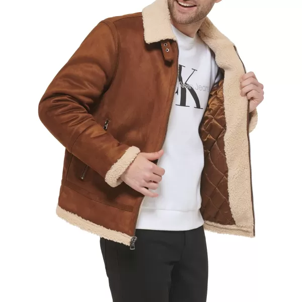 imageCalvin Klein Mens Faux Leather Jacket Men  Bomber Jacket with Shearling LiningShearling Lined Cognac