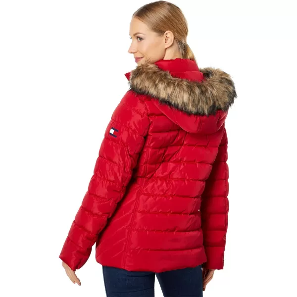 imageTommy Hilfiger Womens Fur Hooded Short Puffer JacketCrimson