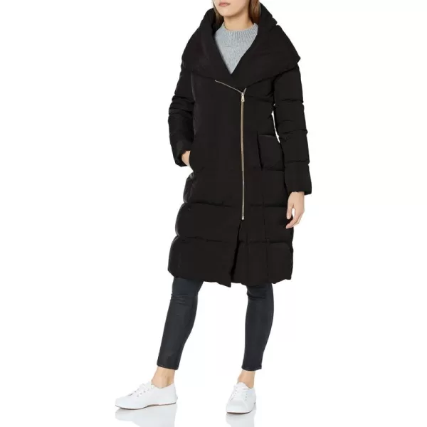 imageCole Haan Womens Long Size Zip Hooded Quilted Down CoatBlack