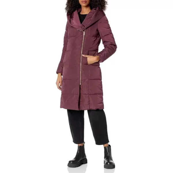 imageCole Haan Womens Long Size Zip Hooded Quilted Down CoatMerlot