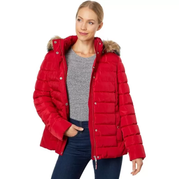 imageTommy Hilfiger Womens Fur Hooded Short Puffer JacketCrimson