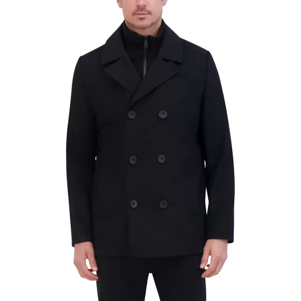 imageKenneth Cole Mens Double Breasted Bib Peacoat Pea Coat Black