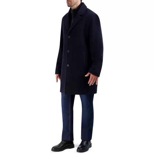 imageCole Haan Mens Car Coat with Rib Knit Bib and Faux Leather DetailNavy