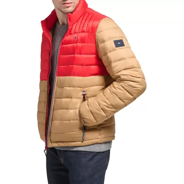 imageTommy Hilfiger Mens Legacy Ultra Loft Lightweight Packable Puffer Jacket Standard and Big ampamp TallKhakiRed Colorblock