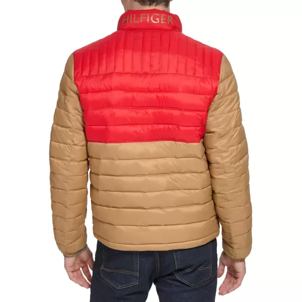 imageTommy Hilfiger Mens Legacy Ultra Loft Lightweight Packable Puffer Jacket Standard and Big ampamp TallKhakiRed Colorblock