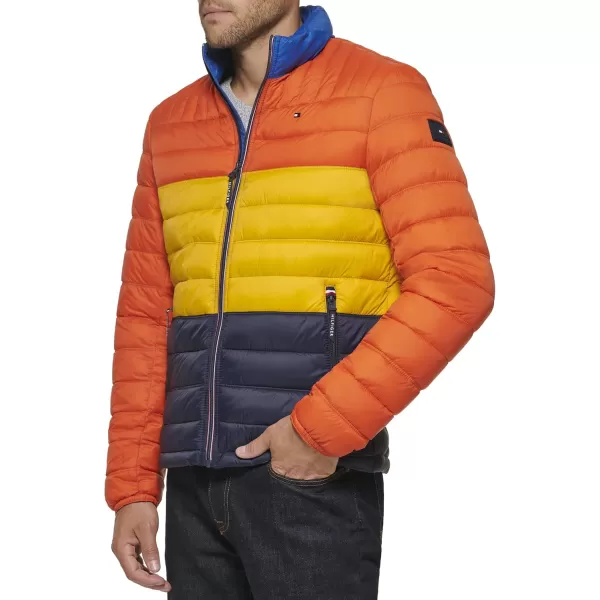 imageTommy Hilfiger Mens Legacy Ultra Loft Lightweight Packable Puffer Jacket Standard and Big ampamp TallOrangeYellowMidnight Colorblock