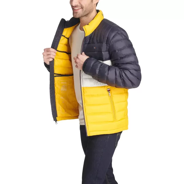 imageTommy Hilfiger Mens Legacy Ultra Loft Lightweight Packable Puffer Jacket Standard and Big ampamp TallYellowNavy Color Block