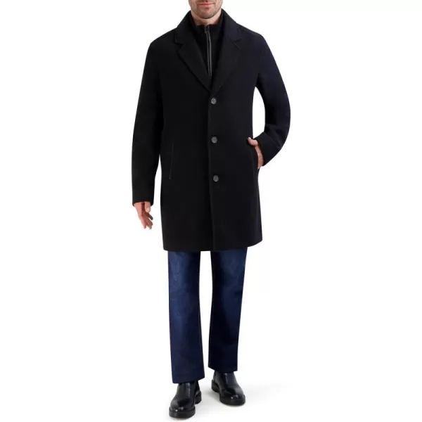 imageCole Haan Mens Car Coat with Rib Knit Bib and Faux Leather DetailBlack