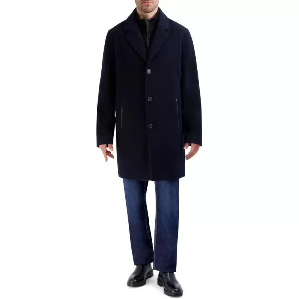 imageCole Haan Mens Car Coat with Rib Knit Bib and Faux Leather DetailNavy