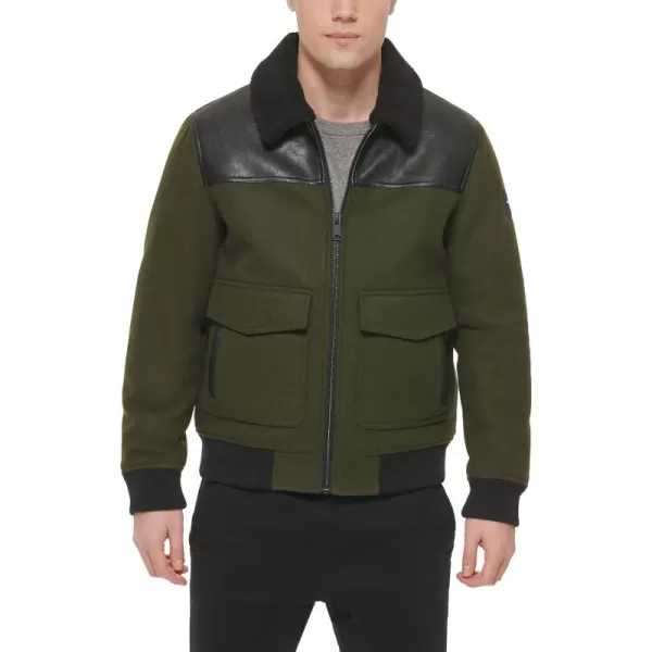 imageTommy Hilfiger Mens Mixed Media Wool Blend Sherpa Collar BomberOlive