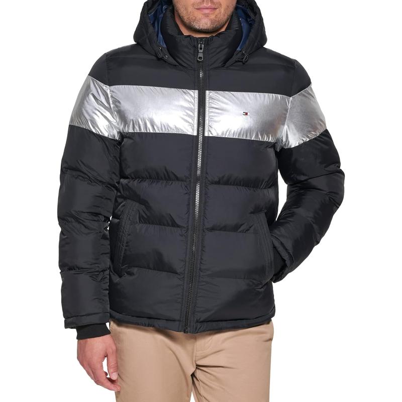 imageTommy Hilfiger Mens Down Alternative Hooded Puffer Jacket Standard and Big ampamp TallBlack Silver Stripe