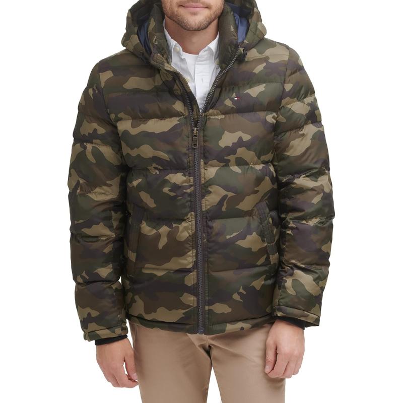 imageTommy Hilfiger Mens Down Alternative Hooded Puffer Jacket Standard and Big ampamp TallOlive Camouflage