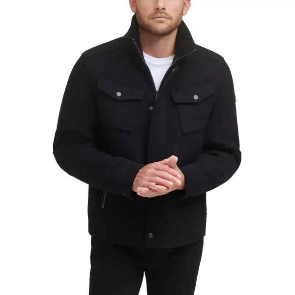 imageKenneth Cole Mens Chest Patch Pockets Wool Faux Sherpa Lined Collar Trucker CoatBlack