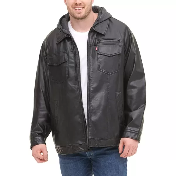 imageLevis Mens Faux Leather Hooded Trucker Jacket with Sherpa LiningBlack