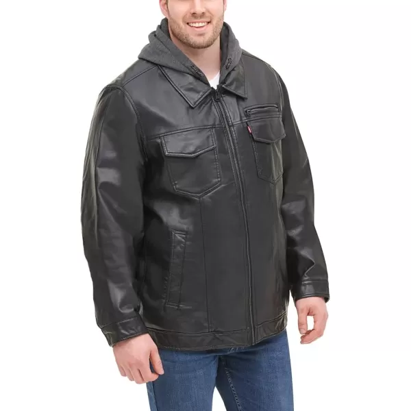 imageLevis Mens Faux Leather Hooded Trucker Jacket with Sherpa LiningBlack