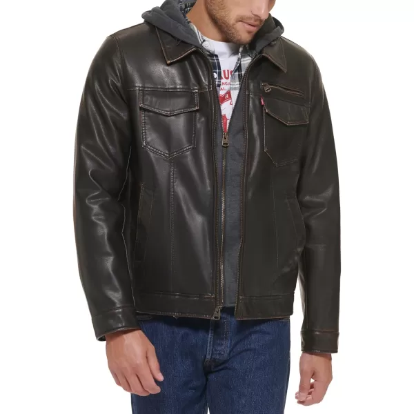 imageLevis Mens Faux Leather Hooded Trucker Jacket with Sherpa LiningDark Brown