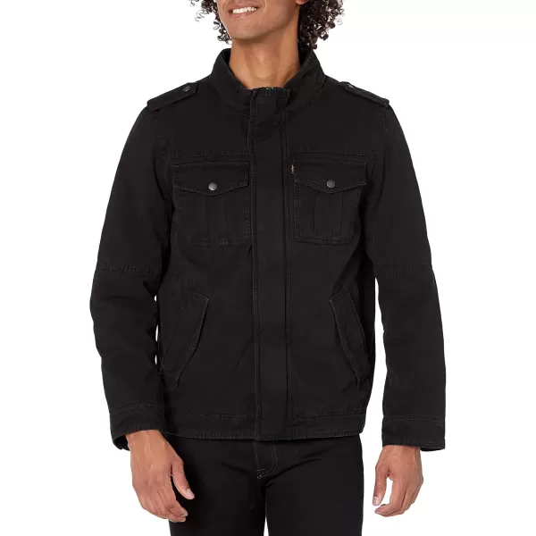 imageLevis Mens Washed Cotton Hooded Military JacketBlackQuilted Lining
