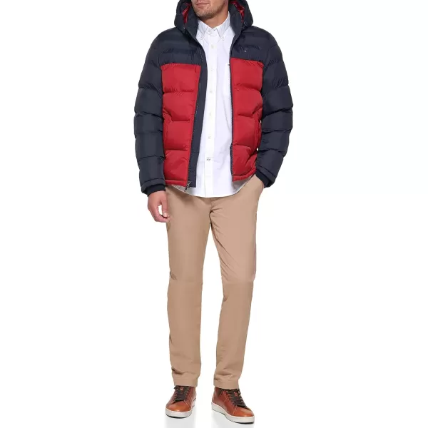 imageTommy Hilfiger Mens Down Alternative Hooded Puffer Jacket Standard and Big ampamp TallMidnightRed Color Block