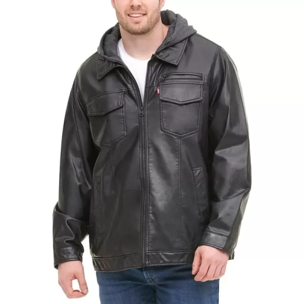 imageLevis Mens Faux Leather Hooded Trucker Jacket with Sherpa LiningBlack