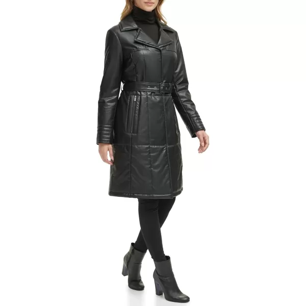 imageKenneth Cole Womens Belted Faux Leather JacketKnee Length Black