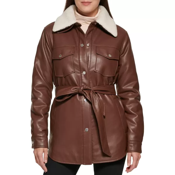 imageKenneth Cole Womens Belted Faux Leather JacketShacket Chocolate