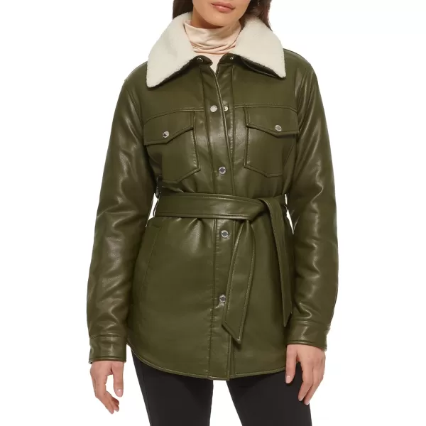 imageKenneth Cole Womens Belted Faux Leather JacketShacket Olive