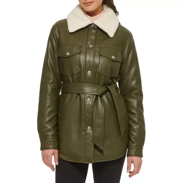 imageKenneth Cole Womens Belted Faux Leather JacketShacket Olive