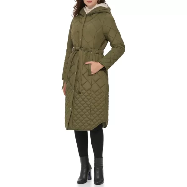 imageKenneth Cole Womens Heavy Weight Down Puffer JacketBelted Quilted Olive