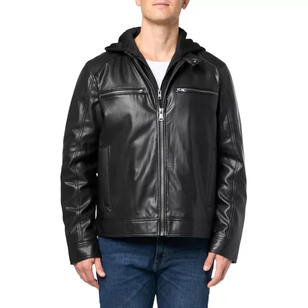 imageKenneth Cole Mens Faux Leather Moto with Jersey Attached HoodBlack