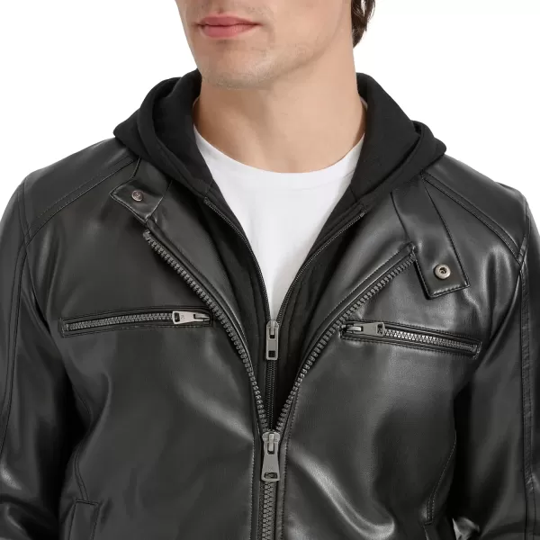 imageKenneth Cole Mens Faux Leather Moto with Jersey Attached HoodBlack