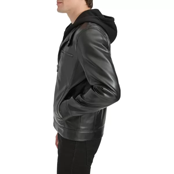 imageKenneth Cole Mens Faux Leather Moto with Jersey Attached HoodBlack