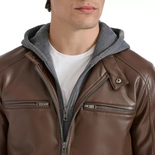 imageKenneth Cole Mens Faux Leather Moto with Jersey Attached HoodBrown