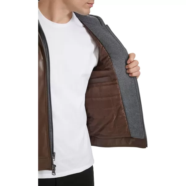 imageKenneth Cole Mens Faux Leather Moto with Jersey Attached HoodBrown