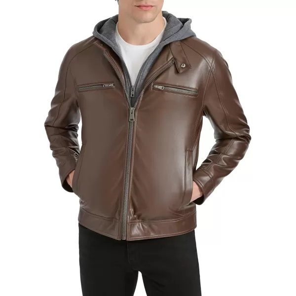 imageKenneth Cole Mens Faux Leather Moto with Jersey Attached HoodBrown