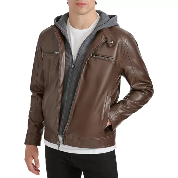 imageKenneth Cole Mens Faux Leather Moto with Jersey Attached HoodBrown