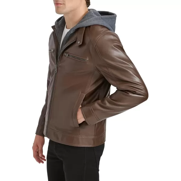 imageKenneth Cole Mens Faux Leather Moto with Jersey Attached HoodBrown