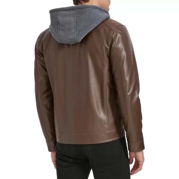 imageKenneth Cole Mens Faux Leather Moto with Jersey Attached HoodBrown