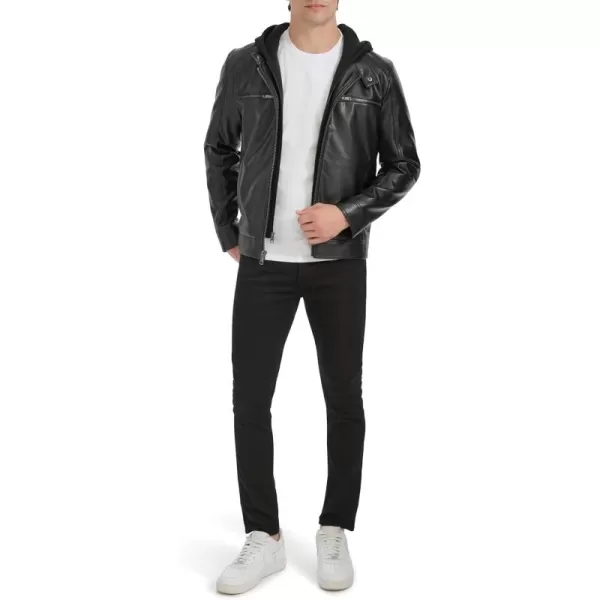 imageKenneth Cole Mens Faux Leather Moto with Jersey Attached HoodBlack