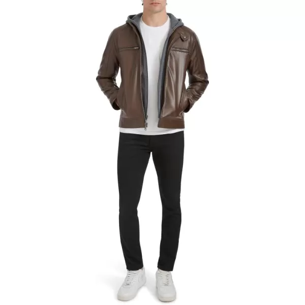 imageKenneth Cole Mens Faux Leather Moto with Jersey Attached HoodBrown