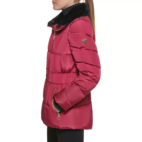 imageGUESS Womens Midweight Puffer JacketFaux Fur Collar Magenta