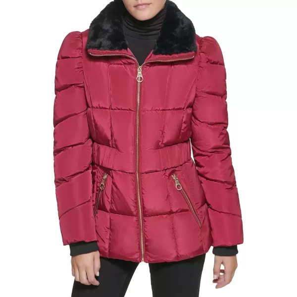 imageGUESS Womens Midweight Puffer JacketFaux Fur Collar Magenta