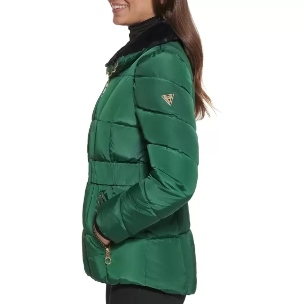 imageGUESS Womens Midweight Puffer JacketFaux Fur Collar Pine