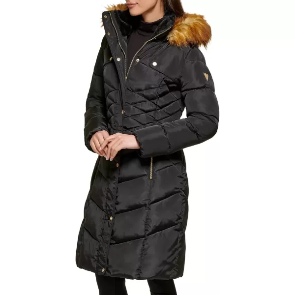 imageGUESS Womens Midweight Puffer JacketFaux Fur Hood Black