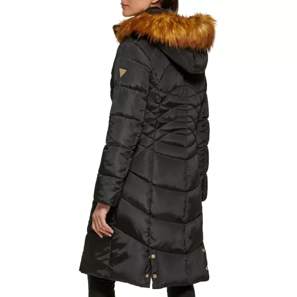 imageGUESS Womens Midweight Puffer JacketFaux Fur Hood Black