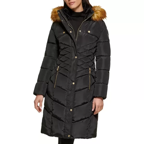 imageGUESS Womens Midweight Puffer JacketFaux Fur Hood Black