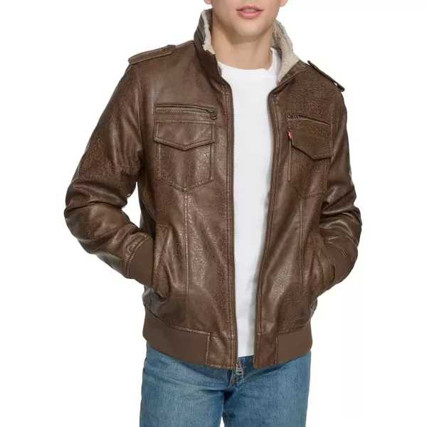 imageLevis Mens Faux Leather Aviator Bomber Jacket Regular ampamp Big ampamp Tall SizesLight Brown BisonSherpa Lined