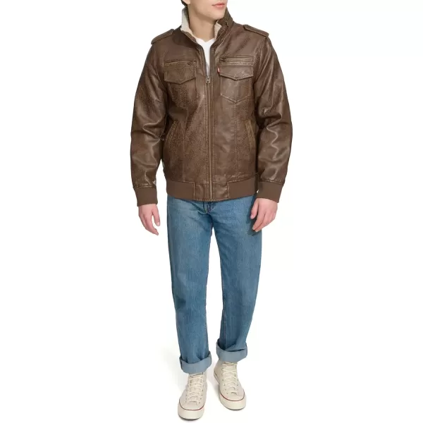 imageLevis Mens Faux Leather Aviator Bomber Jacket Regular ampamp Big ampamp Tall SizesLight Brown BisonSherpa Lined