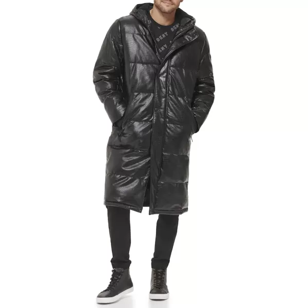 imageDKNY Mens Faux Leather Long Quilted Fashion CoatBlack