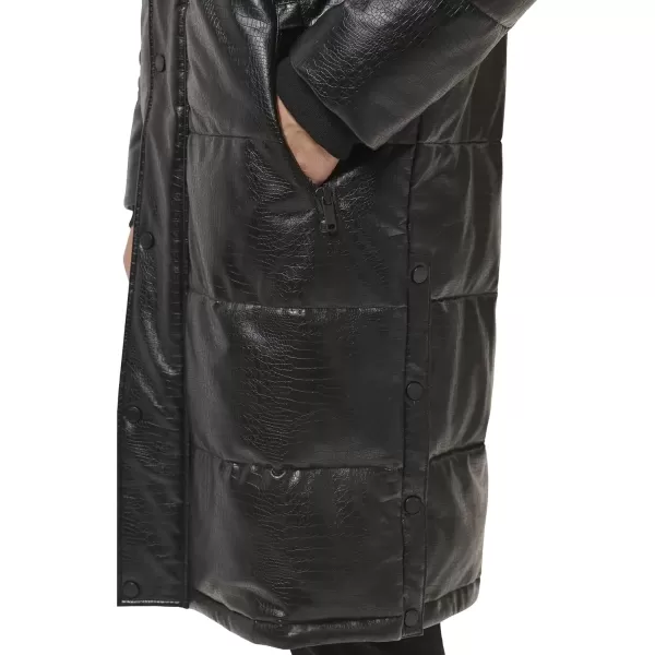 imageDKNY Mens Faux Leather Long Quilted Fashion CoatBlack