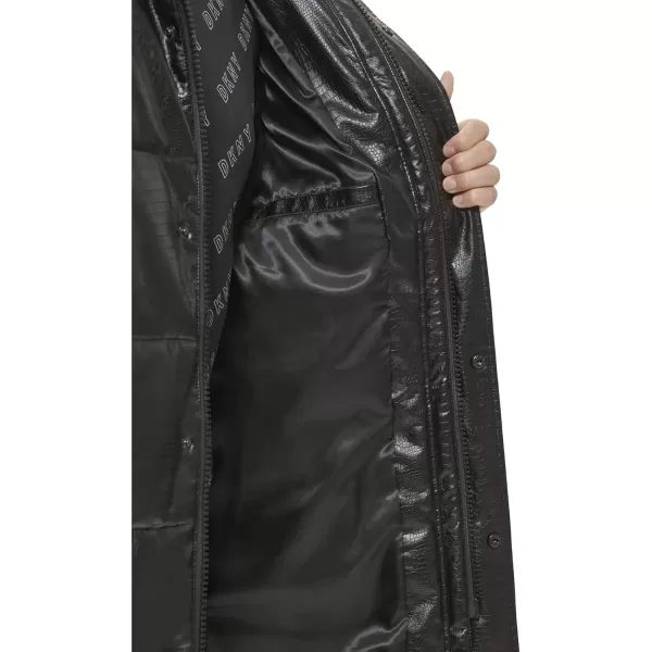 imageDKNY Mens Faux Leather Long Quilted Fashion CoatBlack